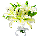  Bouquet de noiva de lírios brancos, tulipas brancas e folhagens, com acabamento de fita brança e pequeno laço.     