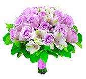 Bouquet de rosas nacionais lilases e alstroemérias importadas.