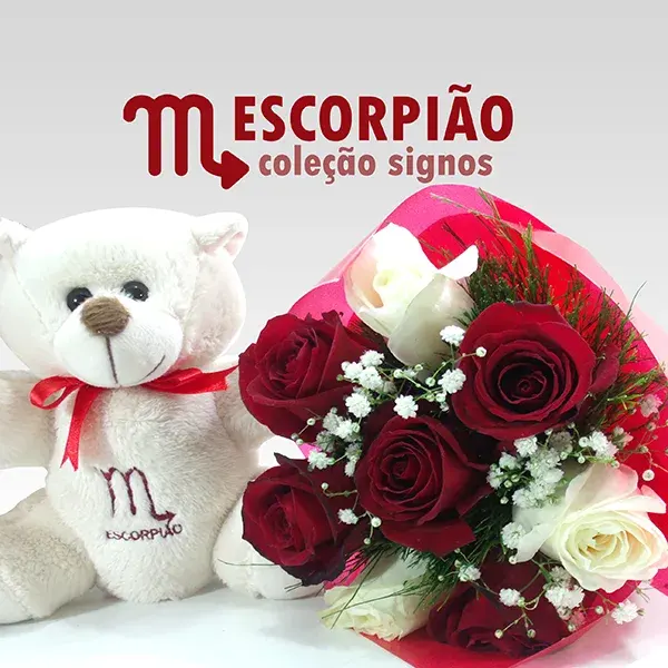 Buquê de rosas vermelhas e brancas com ursinho de pelúcia do signo de Escorpião