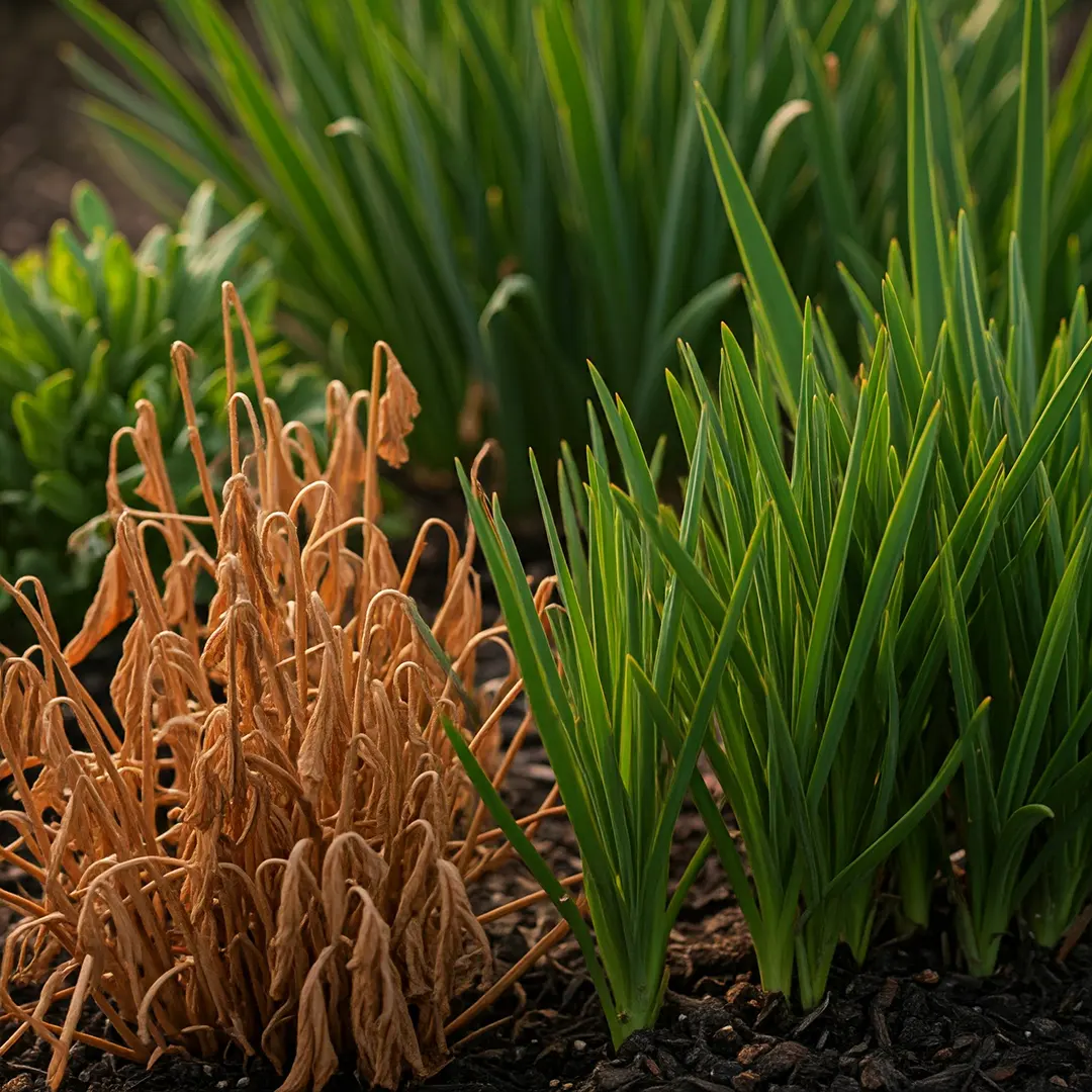 Folhas amareladas indicando excesso de água em plantas e flores.
