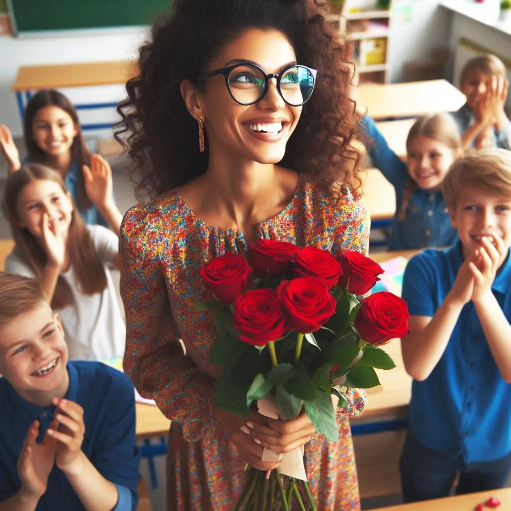 Buquê de flores coloridas com cartão de agradecimento para o Dia das Professoras