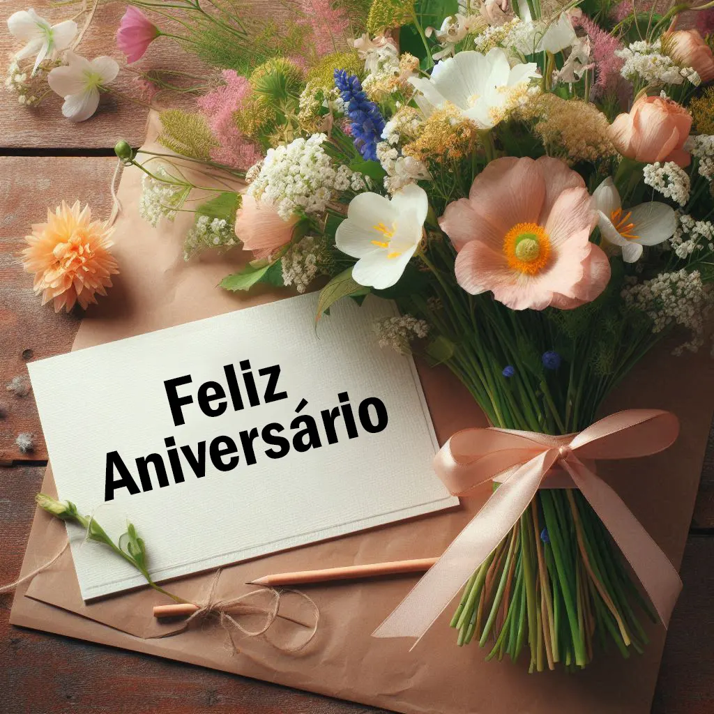 Arranjo de flores coloridas com mensagem de aniversário, celebrando um momento especial