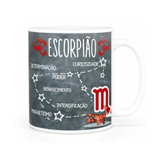 Caneca exclusiva do signo de Escorpião com as principais características,  a constelação e o símbolo do signo para você surpreender!