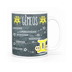 Caneca exclusiva do signo de Gêmeos com as principais características,  a constelação e o símbolo do signo para você surpreender!