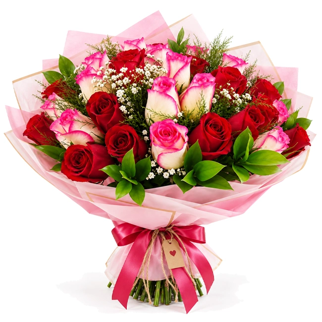 Buquê de 30 Rosas Vermelhas e Cor de Rosa
