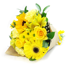 Um lindo apanhado de flores nobres em tons de amarelo (gérbera, rosas, girassol, etc) que simbolizam energia positiva, prosperidade e sucesso! 