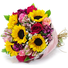 Lindos girassóis com rosas e alstroemérias irão encantar e trazer muita alegria em diversas ocasiões - aniversários, conquistas, amizades, etc