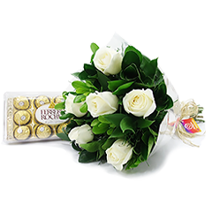 Buquê de 6 Rosas Brancas com Chocolate