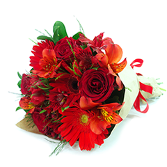 Um lindo apanhado de rosas, alstroemérias e gérberas vermelhas que simbolizam acima de tudo o amor e a paixão!