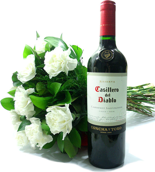 8 White Carnations with Wine