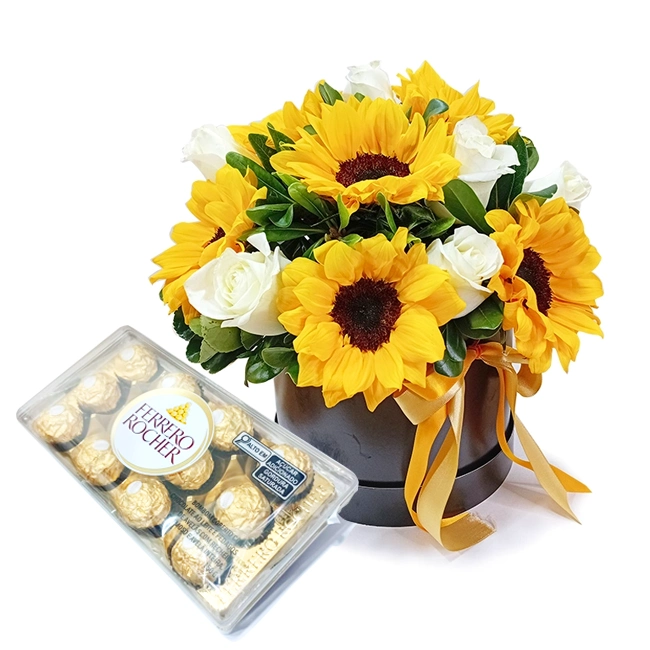 Box de Flores com Girassol e Ferrero Rocher
