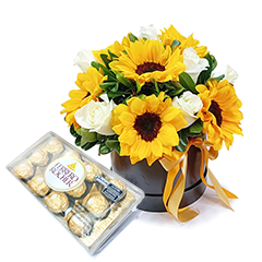 Box de Flores com Girassol e Ferrero Rocher