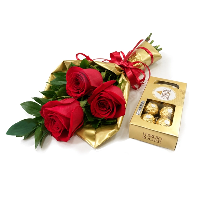 Buquê de 3 Rosas com Ferrero Rocher