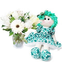 Vase M with White Flowers and Rag Doll