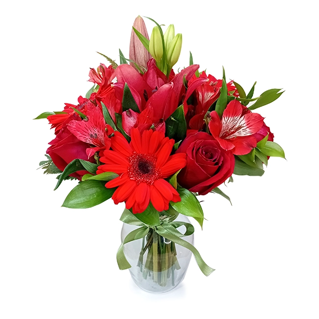 Vase M with red mixed flowers